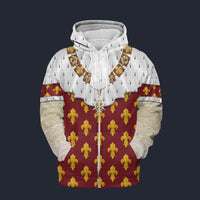 Modetrail France Charles X of France Coronation Robes Red Fleece Zip Hoodie Costume, France Costume S-5XL US Size, Gift For Him