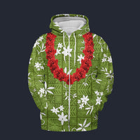 Modetrail Elvis Presley Green Aloha Hawaiian Flower Necklace Fleece Zip Hoodie Costume, Elvis Presley Costume S-5XL US Size, Gift For Him